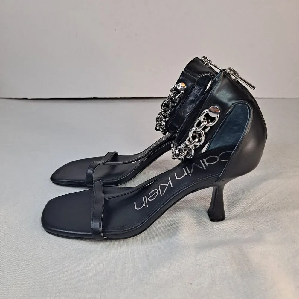 Calvin Klein Women's 6.5M Nova Chain Ankle Strap T Strap High Heel Dress Sandals